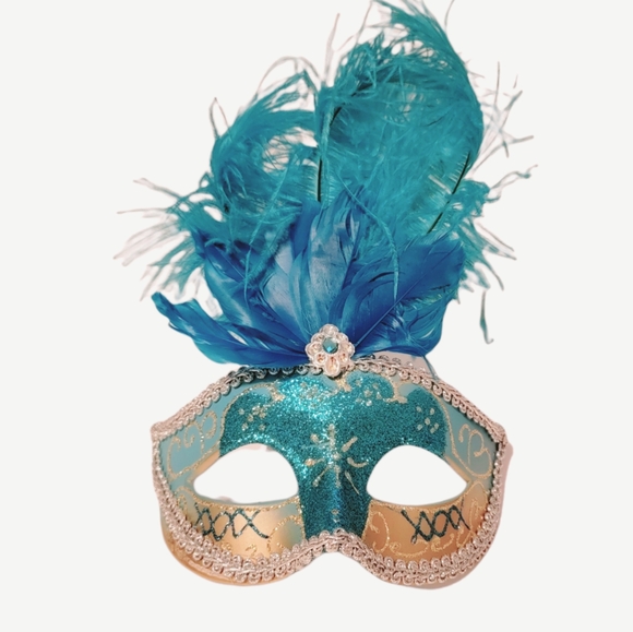 Adult Feather Mask New blue turquoise Jewels silver trim halloween masquerade - Picture 2 of 4